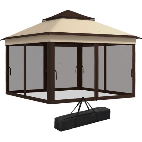 Verstellbare 3x3-Pergola mit 3 Höheneinstellungen und abnehmbaren Seitenwänden, aus Stahl und Oxford-Gewebe, Farbe: Kaffee und Beige