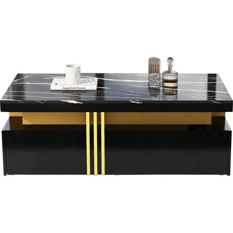 Table basse rectangulaire moderne avec plateau brillant, 2 tiroirs en bois, plateau effet marbre, pour salon, 100x50x40 cm