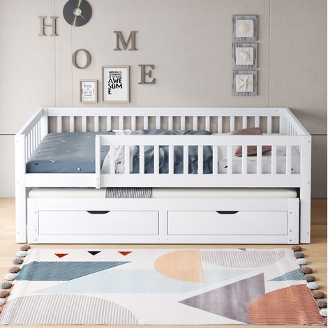 Sofá cama 90/200 cm blanco de madera con cama nido, 2 cajones y barandilla de seguridad (1/5)