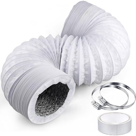 Exhaust Hose 100 mm 3 m White Flexible Ventilation Duct/PVC Aluminium Duct with 2 Stainless Steel Clamps + Aluminium Tape 5 m Air Duct for Air Conditioner, Tumble Dryer, Extractor Hood (1/5)