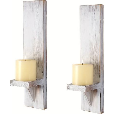 BelleRise - Ensemble de 2 bougeoirs muraux décoratifs en bois, bougeoirs style champêtre, décoration murale blanche pour salon (1/5)