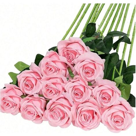 12 pièces de décorations rose pour la Saint-Valentin et le mariage : Bouquet de longues tiges de roses artificielles en soie, aspect réaliste. (1/5)
