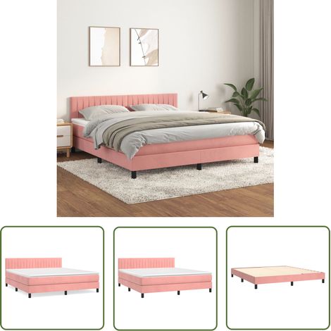 The Living Store Sommier à lattes de lit avec matelas Rose 160x200 cm Velours - Lit Double - Lit Tapissier - Lit Velours - Literie - Chambre À Coucher (1/5)