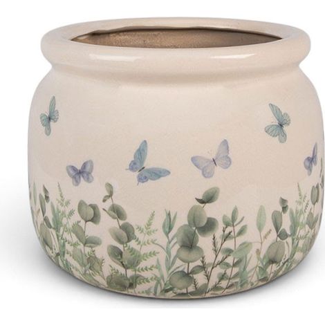Pot de fleurs rond beige céramique papillons 20x15cm (1/4)