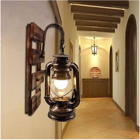 Rustic Kerosene Wall Mounted Lamp, E27 Hook Hanging Sconce with Wooden Base, Indoor Bar Cafe Restaurant Corridor Decor Wall Lights (1/5)