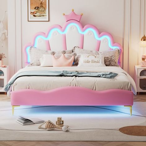 Lit princesse - SINGULARITY - Crown - 140 x 200 cm - Similicuir PU - LED RGB réglable