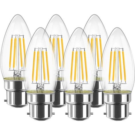 Bombilla LED de filamento de 4W C35 B22, tipo vela, luz blanca cálida de 2700K, 470lm, 80Ra, no regulable, paquete de 6 [Clase energética E] (1/5)