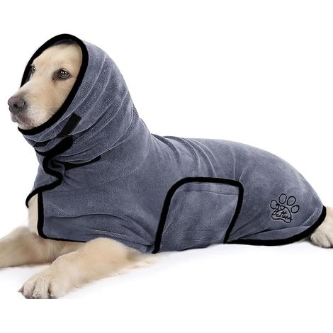 Peignoir Chien Microfibre Serviette Bain Chiens avec Col Montant pour Séchage Rapide après Bain, Piscine, Plage et Pluie (Gris M)