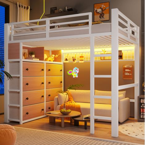 Lit mezzanine 140x200 cm - Avec 8 tiroirs - Avec LED - En MDF et métal - Blanc (1/5)