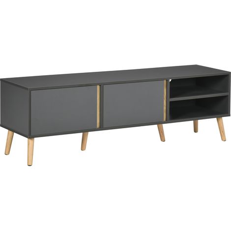 Mobile porta TV Irovami per televisori fino a 55 pollici, stile scandinavo, 2 ante, 2 vani con sistema di gestione cavi, 150 x 35 x 45 cm, grigio scuro.
