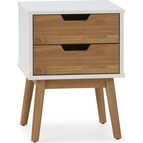 Table de chevet Baku 2 tiroirs blanc/bois, bois de pin massif (1/5)