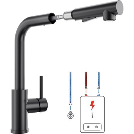 Niederdruck Schwarz ausziehbare Küchenarmatur, Wasserhahn Küche 360° schwenkbar Spültischarmatur Armatur Einhebelmischer Mischbatterie für Spülbecken (1/5)