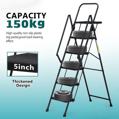 Escabeau 5 marches pliant, tabouret avec plateau à outils et marches antidérapantes larges, échelle en acier robuste, rampes pratiques, escabeau portable léger en acier (1/5)