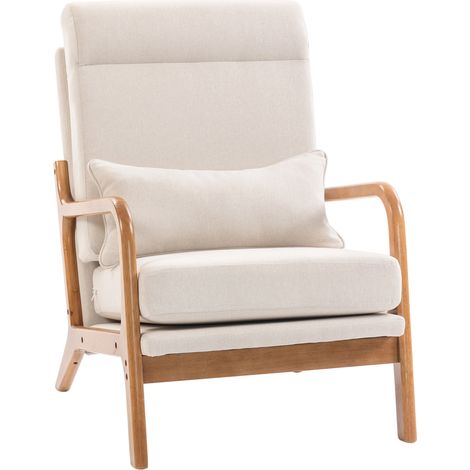 Sillón lounge de tela efecto lino con respaldo alto y cojín lumbar, crema (1/3)