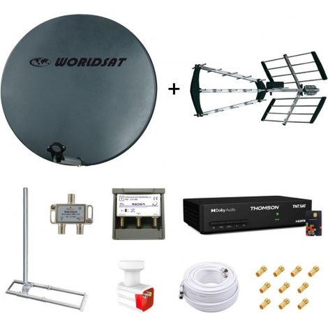 Kit Parabole Fibre 75cm + Antenne TNT + Support Toit + LNB Twin + Coupleur SAT TV + Décodeur TNTSAT + Câble Twin 25m + 10 Fiches F (1/5)