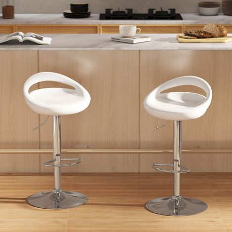 Set aus 2 hohen Barhockern, 360° drehbar, mit Rücken- und Fußstütze, höhenverstellbar, Stahlgestell, für Esszimmer und Küche, 46 x 41 x 76–96 cm, Weiß