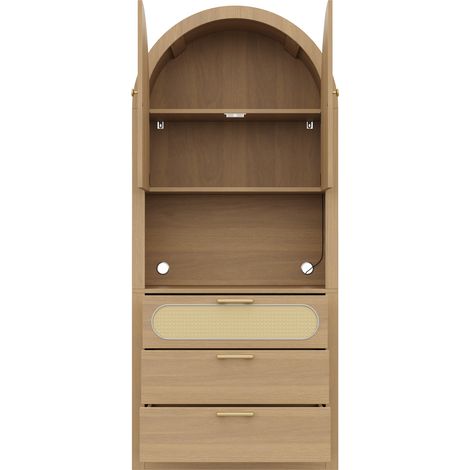 Bogenförmige Vitrinen-Kommode 80 x 35 x 180 cm mit App-LED und 3 Schubladen, Eiche hell (1/5)
