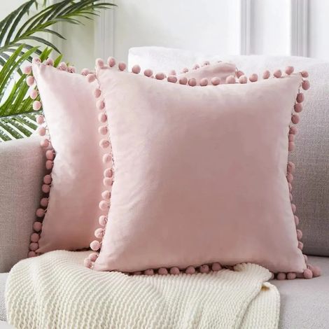 Boîtier de coussin de velours avec bords Pom Pom, 2 pièces roses (1/5)