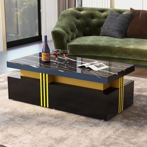 Mesa de centro rectangular moderna con tablero de mármol negro y dos cajones de madera, ideal para salón, oficina o dormitorio (100 x 50 x 40 cm). (1/5)