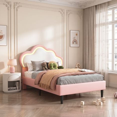 Lit simple 90x200 cm, Tête de Lit Nuage avec LED RGB 16 Couleurs & 4 Modes, Simili Cuir Imperméable – Lit enfant capitonné (1/5)