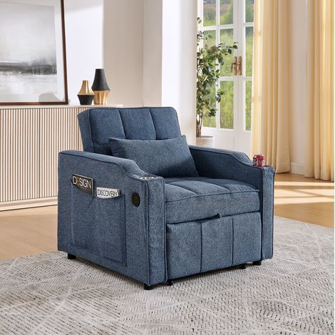 Divano letto 3 in 1, schienale regolabile a 3 posizioni, porte USB e USB C, portabicchieri in acciaio, legno e tessuto, blu navy (1/5)