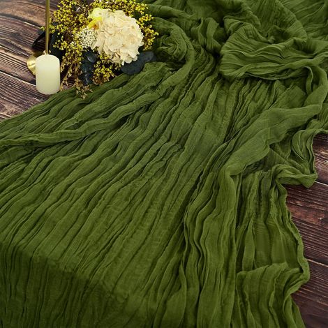 Set mit 2 olivgrünen Tischläufern, 90 x 300 cm, rustikaler Gaze-Stoff, Tischdekoration für Hochzeiten, Tischdecken für Hochzeitsfeiern, Brautpartys, Tischdekorationen (1/4)