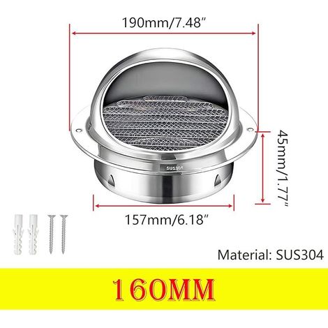 Ventilation Grille, Grille D'aération en Acier Inoxydable, Ronde Grille Ventilation Hotte, Grilles de Ventilation Sphériques, 160mm (1/5)