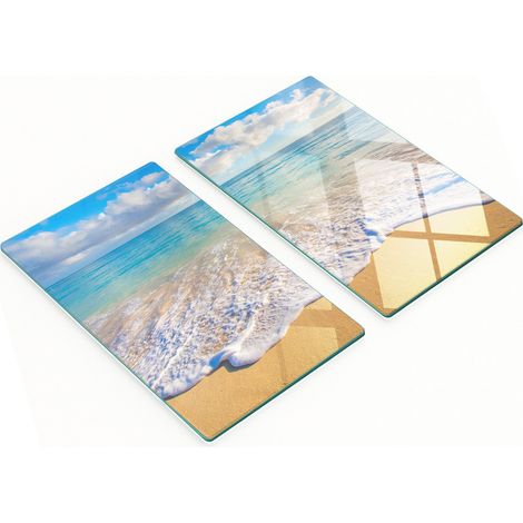 Juego de dos tablas de cocina decorativas de cristal con dise帽o de playa hawaiana, 2x30x52 cm.