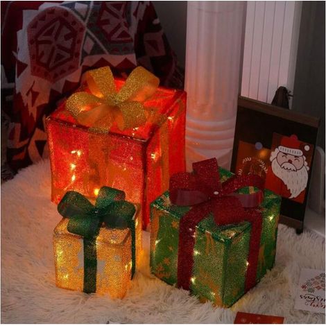 Lot de 3 botes cadeaux de Nol illuminées, décorations de Nol intérieures/extérieures, botes cadeaux avec lumières LED, décorations de sapin de Nol E (1/5)