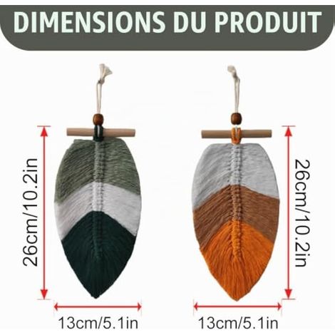 Lot de 2 décorations murales en macramé en forme de feuille, 26 x 13 cm. Décoration murale en macramé idéale pour une chambre, un salon, un bureau, un café ou un appartement. (1/3)
