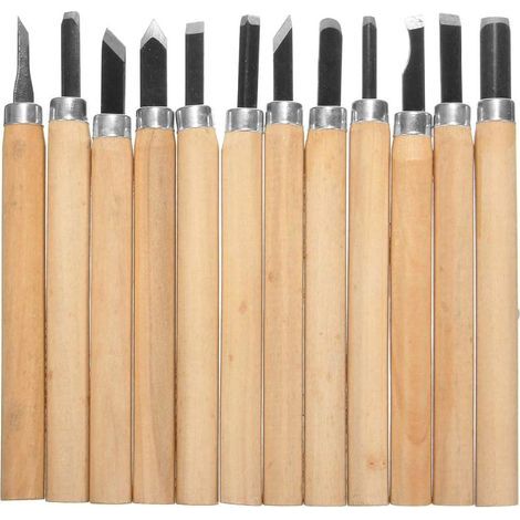 Set di 12 utensili per intaglio del legno - Scalpelli per la lavorazione del legno - Manico in legno e lama in acciaio - Per falegnami e scultori - Naturale - 13,5 x 1,2 x 1,2 cm (1/5)