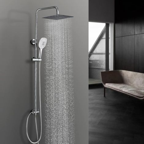 Colonne de douche en acier inoxydable sans mitigeur robinet, Ensemble de douche pluie avec barre de douche réglable en hauteur, pommeau 20x20 cm chromée (1/5)