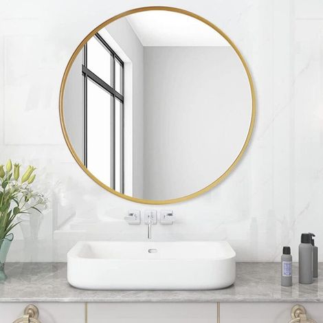 Miroir de salle de bain rond 60 cm – Cadre en métal doré mat – Verre HD 4 mm – Installation facile pour murs lisses (1/3)