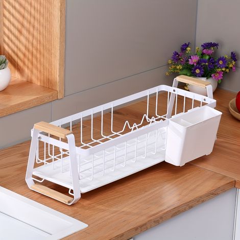 Égouttoir à Vaisselle pour Plan de Travail – Rack de Séchage avec Bac d’Égouttage et Porte-Couverts Amovible, Design Étroit pour Évier de Cuisine Blanc (1/5)