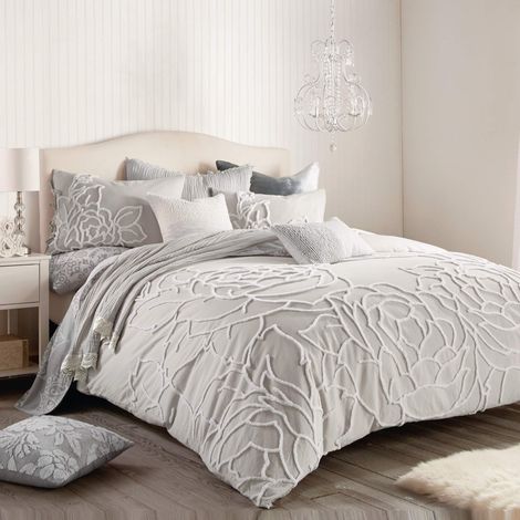 Parure de lit 3 pièces avec Couette et taies d'oreiller 100% Coton pour Chambre à Coucher Chenille Grise Rose très Grand lit (1/5)