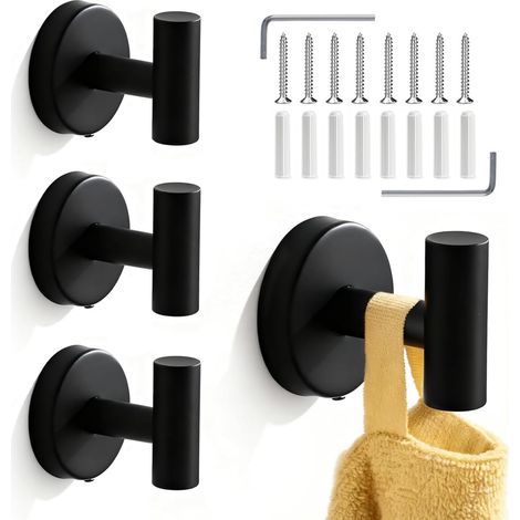 Juego de cuatro ganchos de pared negros con tornillo, que incluye un gancho para abrigos de baño, un gancho para toallas de baño, un gancho de cocina y una pinza para ropa, ideales para uso doméstico. (1/5)