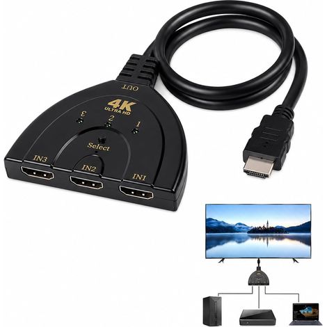 3-Port-HDMI-Switch – 1 Stück – ABS und Kupfer – 4K Ultra HD-Auflösung – Für Spielekonsolen und Fernseher – Schwarz (1/5)