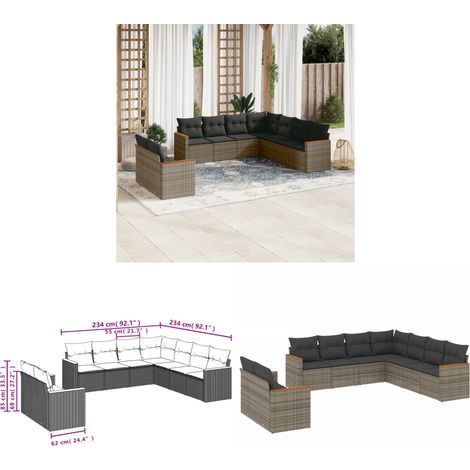 9-tlg. Garten-Sofagarnitur mit Kissen Grau Poly Rattan - Gartenmöbel - Rattan Möbel - Outdoor Sofa - Lounge Set - Esszimmergarnitur - Home & Living (1/3)