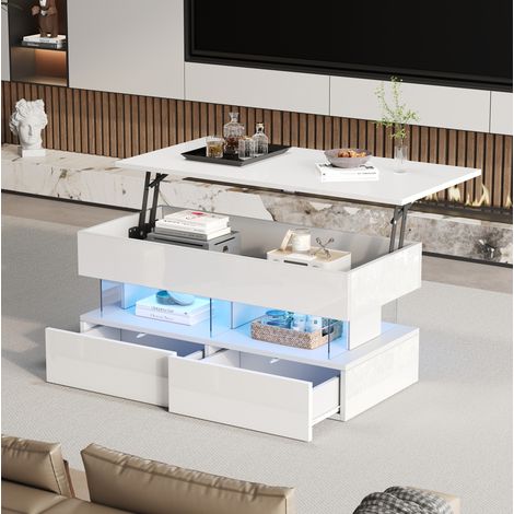 Mesa de centro elevable 100x50x46 cm blanca en MDF y acrílico con LED, 2 cajones y almacenaje oculto (1/5)