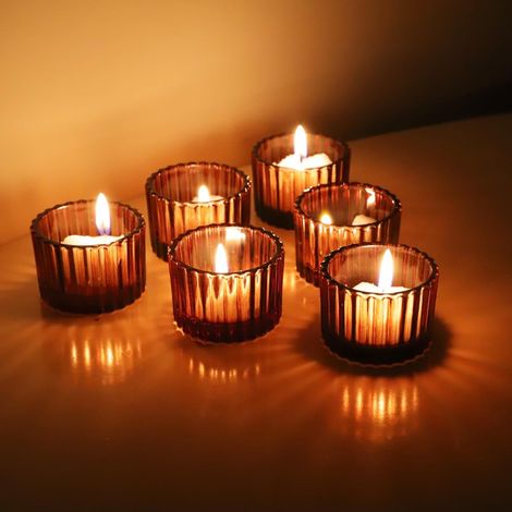 12 Petits Bougeoirs Verre Marron pour la Automne/Hiver, Marron Photophore Verre Côtelé pour Les Décorations de Thanksgiving, Contenant pour Bougie Vintage pour Noël (5 cm × 3,5 cm)