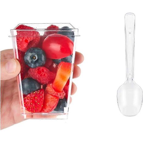Set mit 40 durchsichtigen, quadratischen 160-ml-Dessertbechern aus Kunststoff mit Deckel und Löffeln, wiederverwendbar für Puddings, Mousses und Partys. (1/5)