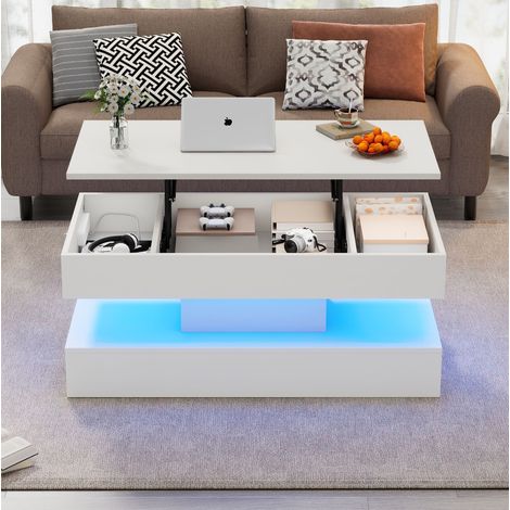 Tavolino da caffè 100x50x42 cm bianco in pannello truciolare con piano sollevabile, LED e vano contenitore (1/5)