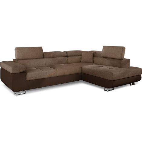 Cotecosy – Canapé d'angle convertible simili cuir et tissu – 4 places – Coffre de rangement – Appuis-tête réglables – Marron/Marron clair (1/7)