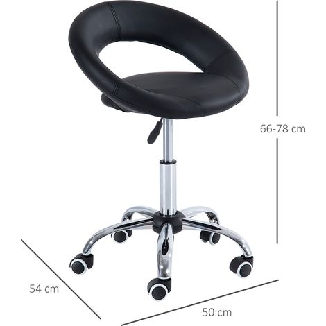 Tabouret roulant de travail, chaise atelier pivotante, siège bureau réglable, hauteur variable, cuir synthétique PU et métal, noir, 50x54x(66-78) cm (1/5)