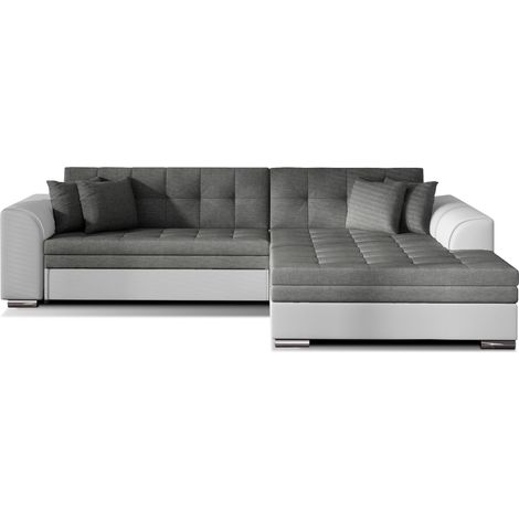 Canapé d'angle convertible tissu et simili LOOKA - Pieds métal chromé-Blanc/Gris foncé-angle droit (1/5)