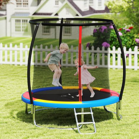 Trampoline de jardin multicolore 8 pieds avec filet de sécurité sans espace, échelle et cadre galvanisé pour jardin et plein air (1/4)