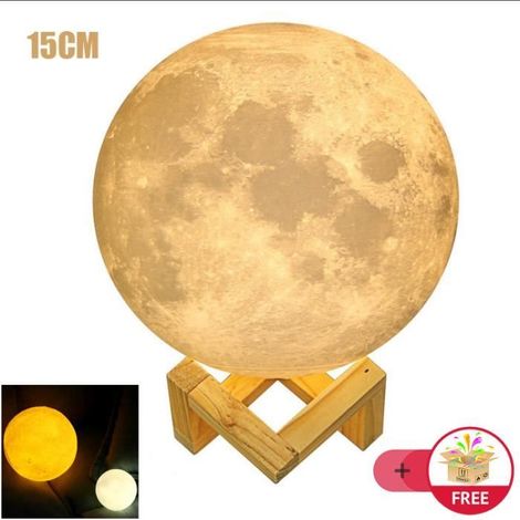 Lampe Lune 3D 15CM 2 Couleurs Tactile USB Rechargeable avec Support en Bois Cadeau Idéal