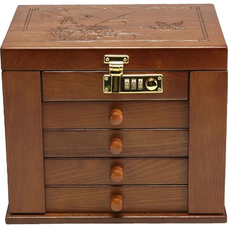 Organizador de joyas, almacenamiento de 4 niveles, cerradura de combinación, marrón. (1/2)
