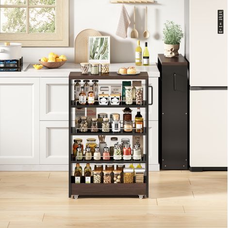 Carrello salvaspazio 55x20x85 cm nero e marrone in MDF con 4 ripiani regolabili e ruote (1/5)