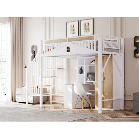 Lit superposé en métal 90x200 cm, barrière de sécurité unique avec fenêtre, échelle sécurisée, grand espace sous le lit pour rangement, blanc, sans tissu (1/5)